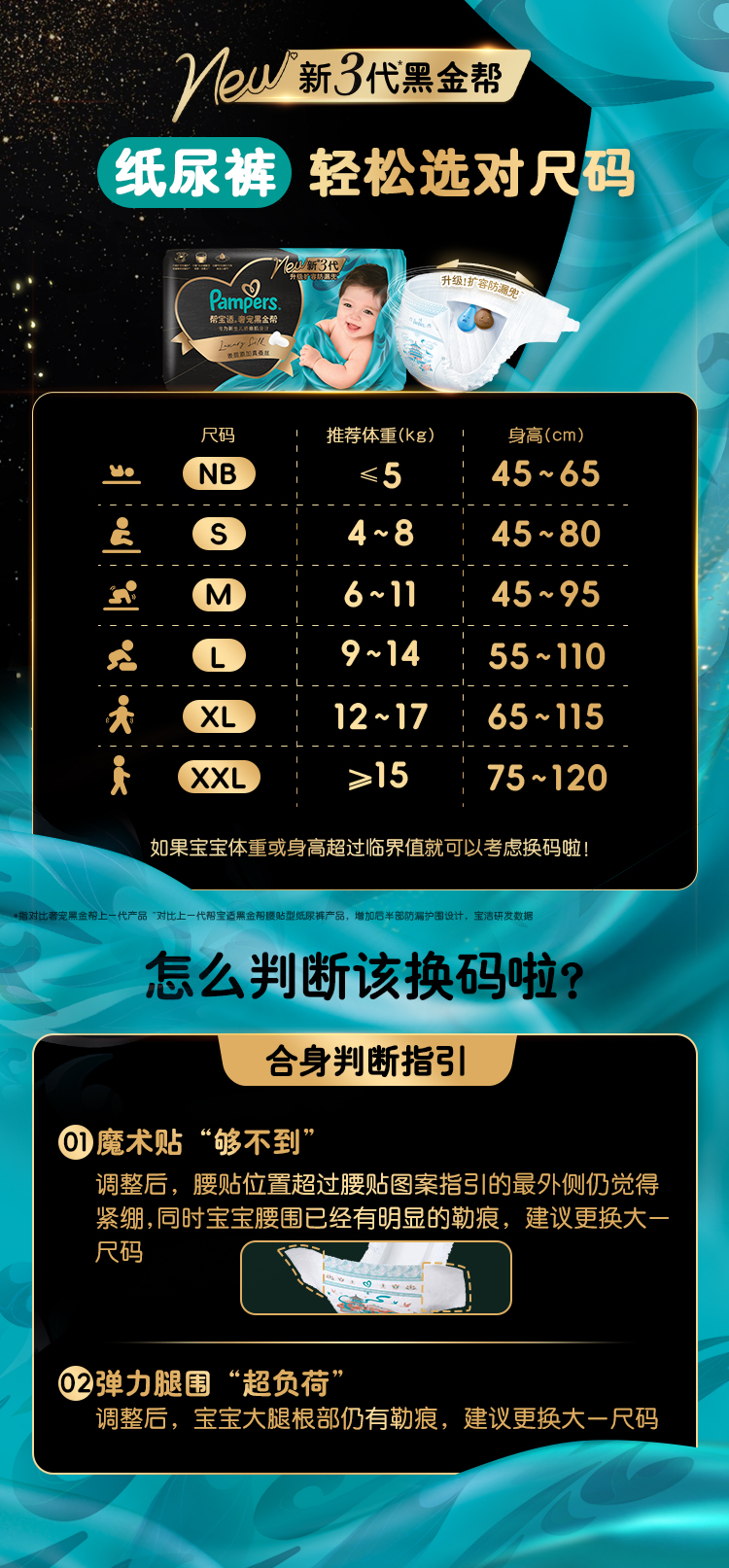 帮宝适黑金帮纸尿裤尺码表